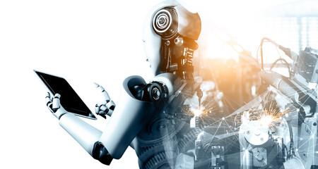 XAI Mechanized industry robot and robotic arms double exposure image. Concept of artificial...