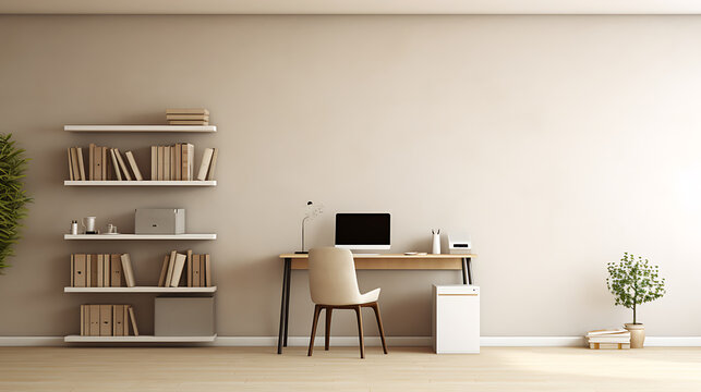 An image of a minimalist office space with neutral colors, standing desks, and a printer tucked away in a corner.