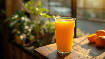 A glass of orange juice sits on the table by the window, bathing in soft sunlight.