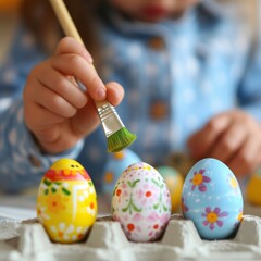 A child's hand paints colorful Easter eggs with a brush. Holiday traditions, creativity, spring art, handmade decorations, family fun.