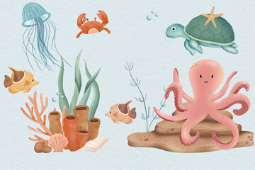 Ocean Animals background - cute sea and ocean animals turtle, octopus, fish, corals, crab, marine plants, hellyfish