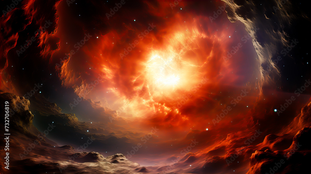 Wall mural fiery explosion in space, computer generated abstract background. red and orange nebula with stars a
