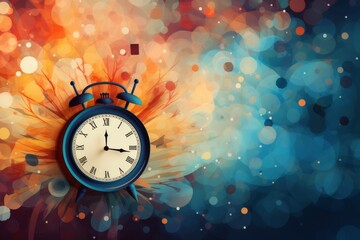 Alarm clock on abstract colorful bokeh background. Time concept. Abstract background for Daylight savings - obrazy, fototapety, plakaty