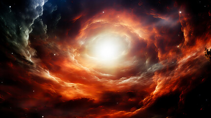 Fiery explosion in space, computer generated abstract background. Red and orange nebula with stars and galaxies. Generative AI technology.