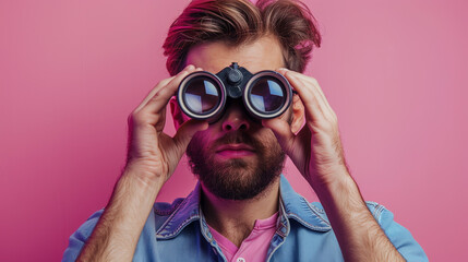 Man looking through binoculars on soft pink background. Find and search concept