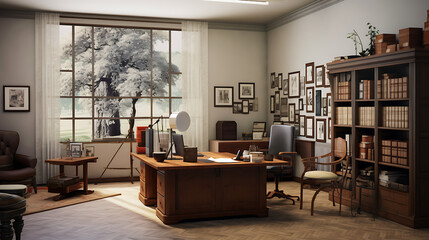 An office for a genealogy research center with family tree visuals, historical documents, and genealogy-themed decor. - obrazy, fototapety, plakaty