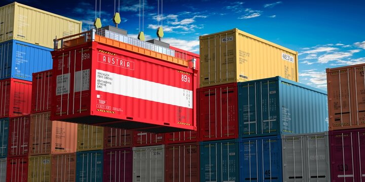 Freight shipping container with flag of Austria on crane hook - 3D illustration