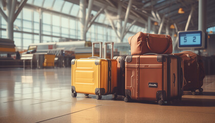 The concept of tourism and travel. Suitcases at the airport.