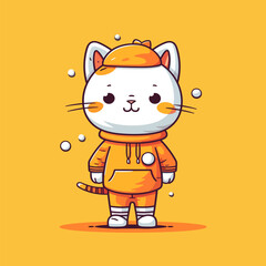 Obraz premium Cute cartoon cat in winter clothes. Vector illustration on a yellow background.