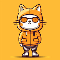 Cute cartoon cat in orange jacket and glasses. Vector illustration.
