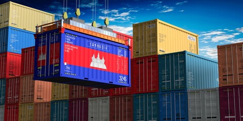 Fototapeta premium Freight shipping container with flag of Cambodia on crane hook - 3D illustration