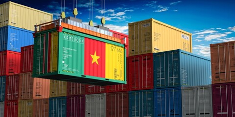 Fototapeta premium Freight shipping container with flag of Cameroon on crane hook - 3D illustration