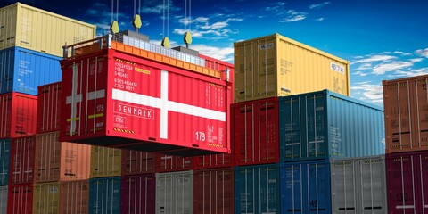 Freight shipping container with flag of Denmark on crane hook - 3D illustration
