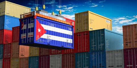 Freight shipping container with flag of Cuba on crane hook - 3D illustration