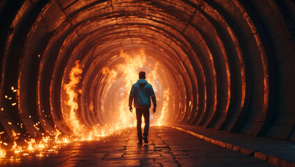 A man walks into a burning tunnel
