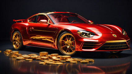 A red and gold sports car with gold coins against a black background