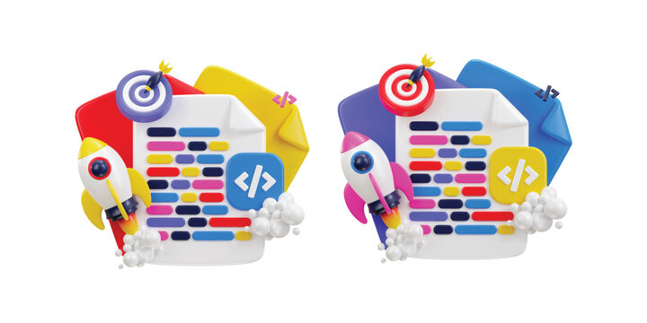 3d programming language with target on web development coding symbol with rocket for programmer growth concept icon illustration