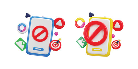 media banned icon with mobile phone on social icon set 3d render
