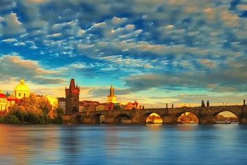 Papier Peint photo Pont Charles Scenic sunset of the Old Town pier architecture and Charles Bridge over Vltava river in Prague, Czech Republic. Horizontal image.