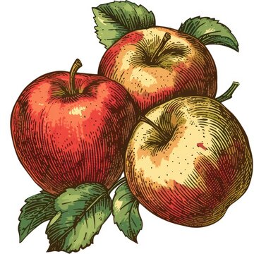 apples, woodcut, old vintage style, simple graphics, isolated on white background