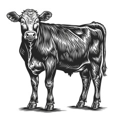 Black & white picture of cow, woodcut, old vintage style, hand drawn simple graphics, isolated on white background