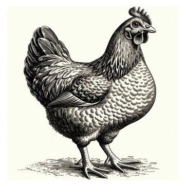 Black & white picture of chicken, woodcut, old vintage style, hand drawn simple graphics, isolated on white background