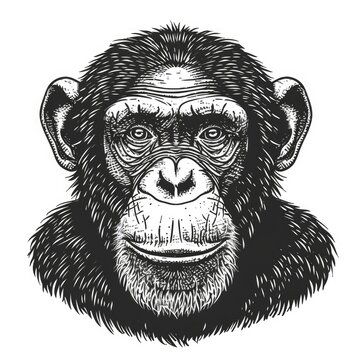 Black & white picture of monkey, woodcut, old vintage style, hand drawn simple graphics, isolated on white background