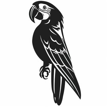 Black & white picture of parrot, woodcut, old vintage style, hand drawn simple graphics, isolated on white background