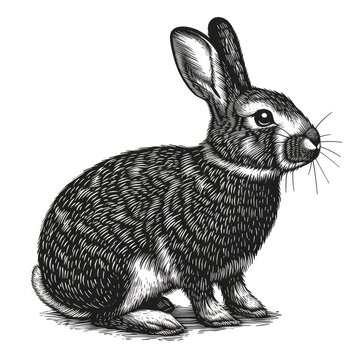 Black & white picture of rabbit, woodcut, old vintage style, hand drawn simple graphics, isolated on white background