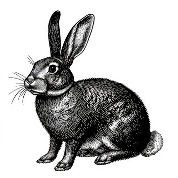 Black & white picture of rabbit, woodcut, old vintage style, hand drawn simple graphics, isolated on white background
