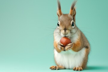 cute squirrel with a chestnut on a pastel blue background with copy space, nut business ad - obrazy, fototapety, plakaty