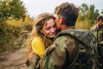 A soldier in camouflage returned home from war and hugs his wife