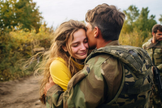 A soldier in camouflage returned home from war and hugs his wife - Powered by Adobe
