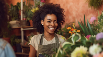 A cheerful florist in an apron is engaging with a customer in a vibrant flower shop filled with an assortment of blooms. - obrazy, fototapety, plakaty