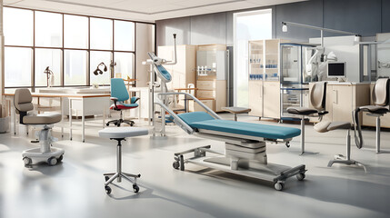 A medical office setting with ergonomic chairs, examination tables, and medical equipment neatly organized. - obrazy, fototapety, plakaty