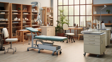 A medical office setting with ergonomic chairs, examination tables, and medical equipment neatly organized.