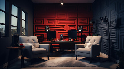 A podcast production company office with soundproof recording booths, editing stations, and comfortable lounging areas.