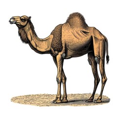 Colored picture of camel, woodcut, old vintage style, hand drawn simple graphics, isolated on white background