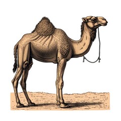 Colored picture of camel, woodcut, old vintage style, hand drawn simple graphics, isolated on white background