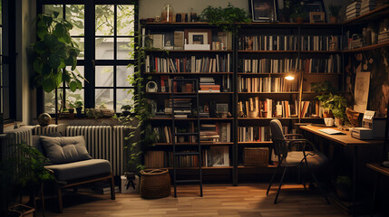 Fototapeta na wymiar A publishing house office with bookshelves, literary quotes on the walls, and cozy reading corners.