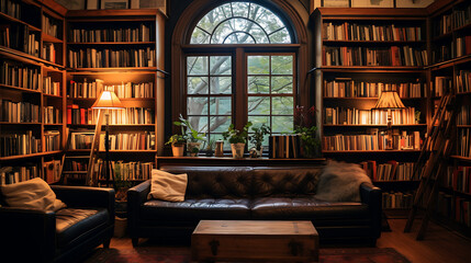 A publishing house office with bookshelves, literary quotes on the walls, and cozy reading corners.