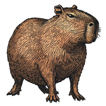 Colored picture of capybara, woodcut, old vintage style, hand drawn simple graphics, isolated on white background