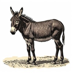 Colored picture of donkey, woodcut, old vintage style, hand drawn simple graphics, isolated on white background