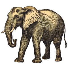 Fototapeta premium Colored picture of elephant, woodcut, old vintage style, hand drawn simple graphics, isolated on white background