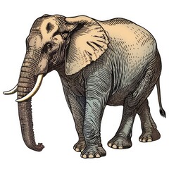 Colored picture of elephant, woodcut, old vintage style, hand drawn simple graphics, isolated on white background