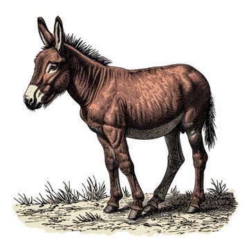 Colored picture of donkey, woodcut, old vintage style, hand drawn simple graphics, isolated on white background