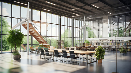 A renewable energy company office with solar panels, wind turbine models, and sustainable office furniture.