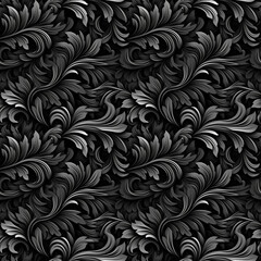 Black and white seamless pattern with classic foliage ornament. Seamless texture background