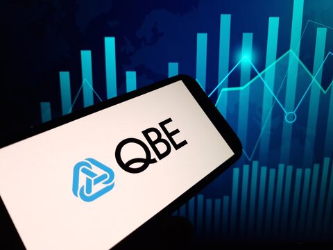 Konskie, Poland - February 09, 2024: QBE Insurance Group Limited company logo displayed on mobile phone