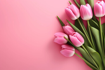 Floral background of pink tulips on a pink background. Classic tulip. Retro, vintage style. Love and romantic concept. Valentine's Day. Mothers Day. Flat lay, top view